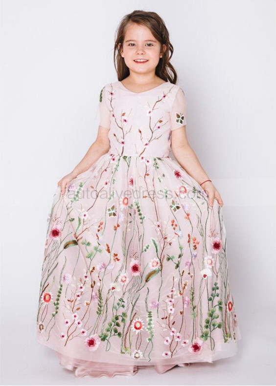 Short Sleeves Wildflower Floral Embroidered Tulle Flower Girl Dress